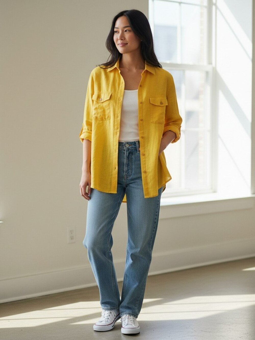 Kim Rogers Womens Medium Yellow Linen Long Sleeve Button Up Blouse Shirt Top M